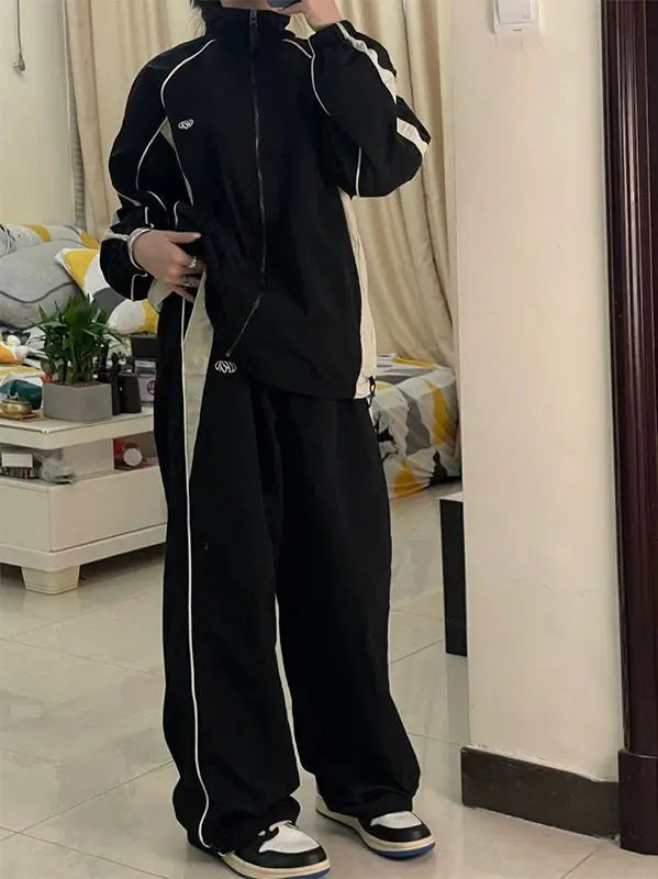 Women Spring Retro Solid Loose Drawstring Trousers Casual Joggers Baggy Wide Leg Sweatpants Mid Waist Sporty Y2k Female Clothes