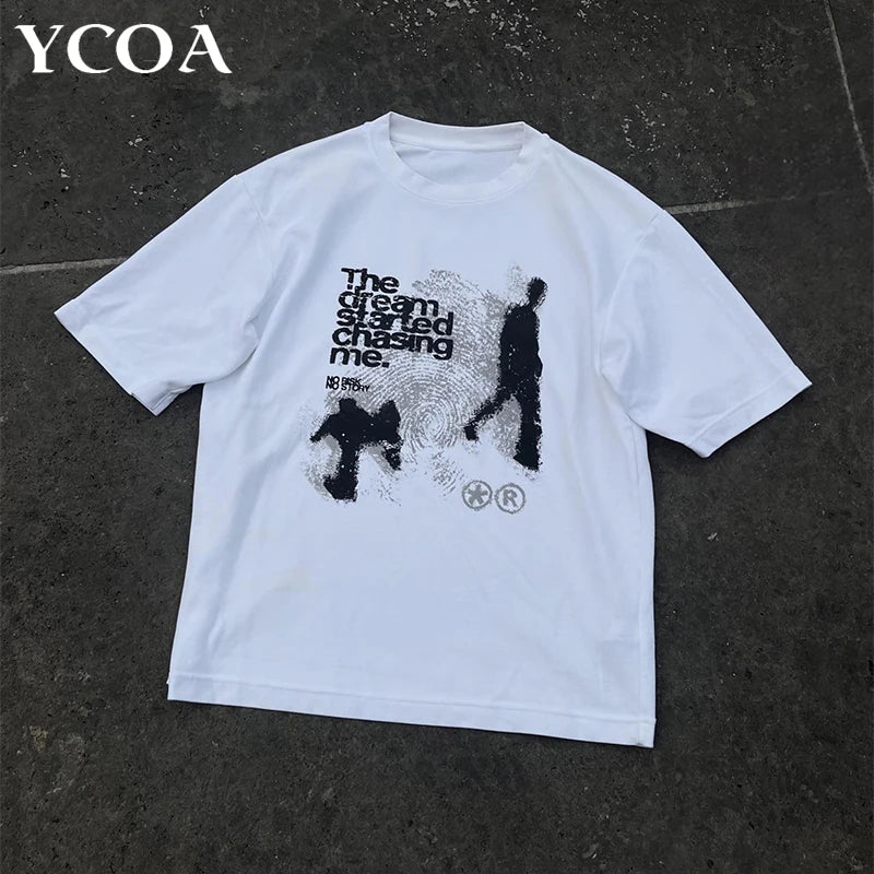 Men T shirt Oversized Cotton Short Sleeve Shadow Print Y2k Top Tees Harajuku Streetwear Vintage Graphic Korean Aesthetic Clothing