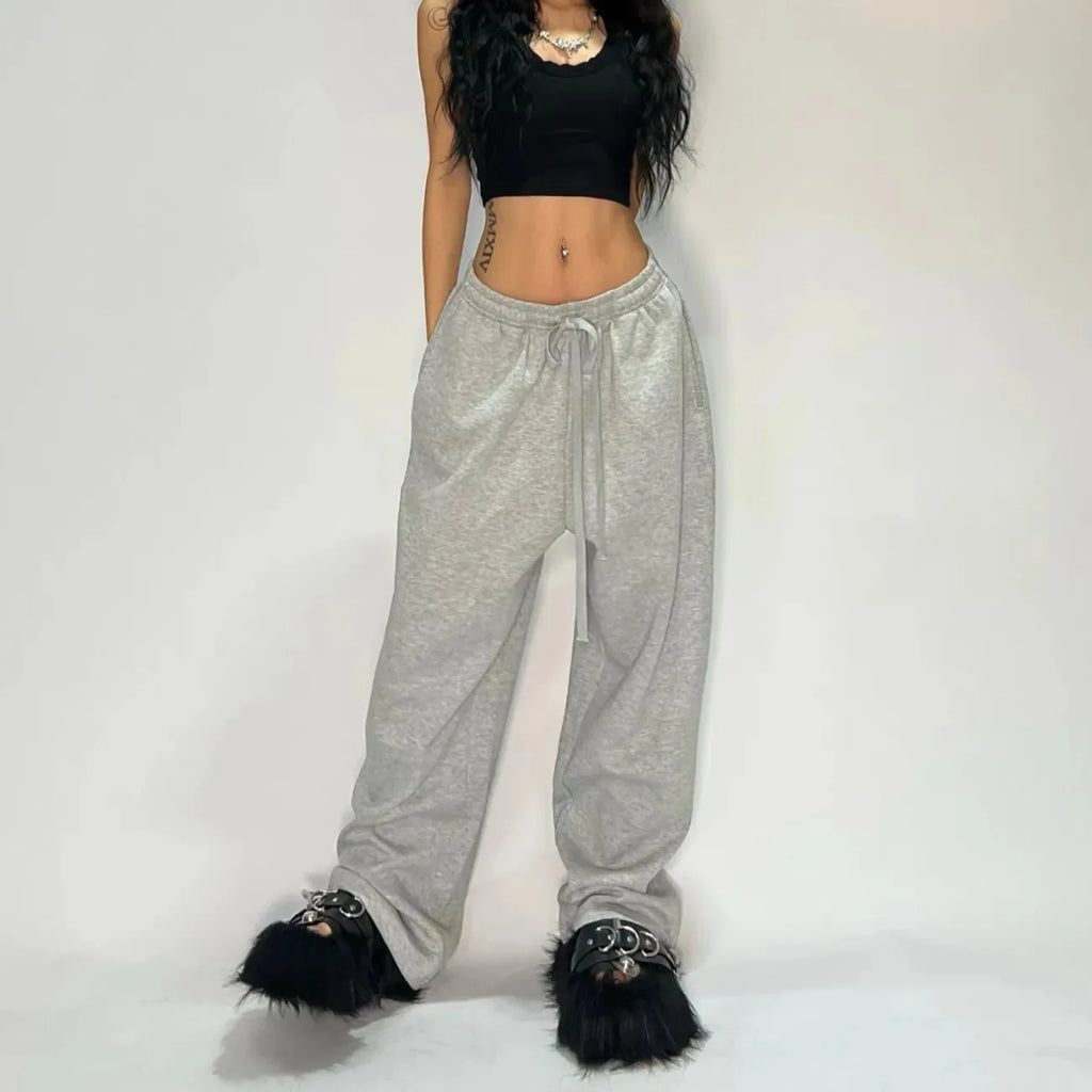 Y2k Gray Casual Pants Vintage Functional Tactical Men's Women's Premium Jogging Wide Leg Pants Drawstring Streetwear Sweatpants