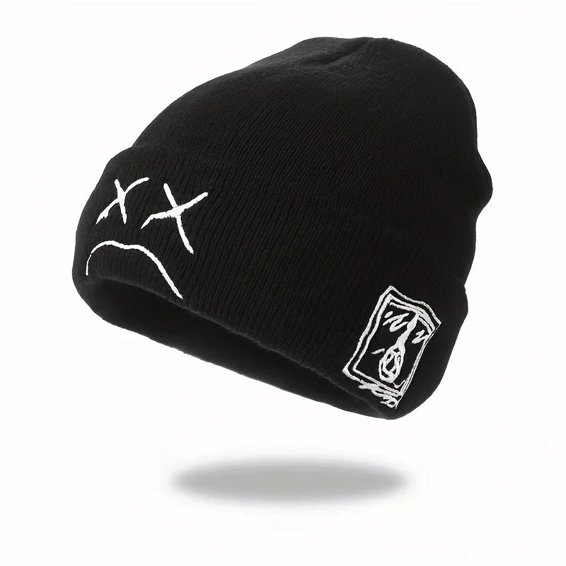 Sad face embroidered graphic brimless beanie fashionable black and white knitted hat casual hip-hop brimless hat